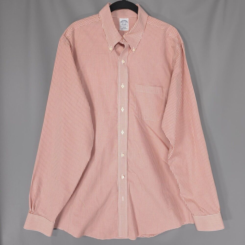 BROOKS BROTHERS 1818 Mens Dress Shirt 16.5 Gingham‎ Orange 100% Cotton Slim Fit